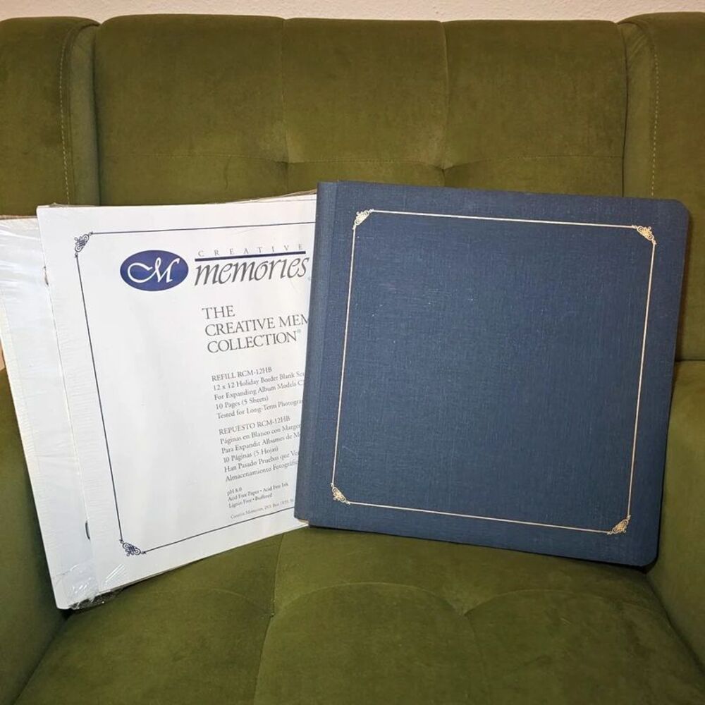 Creative Memories 12x12 Blue Gold Scrapbook Album Old Style Trim + Refills